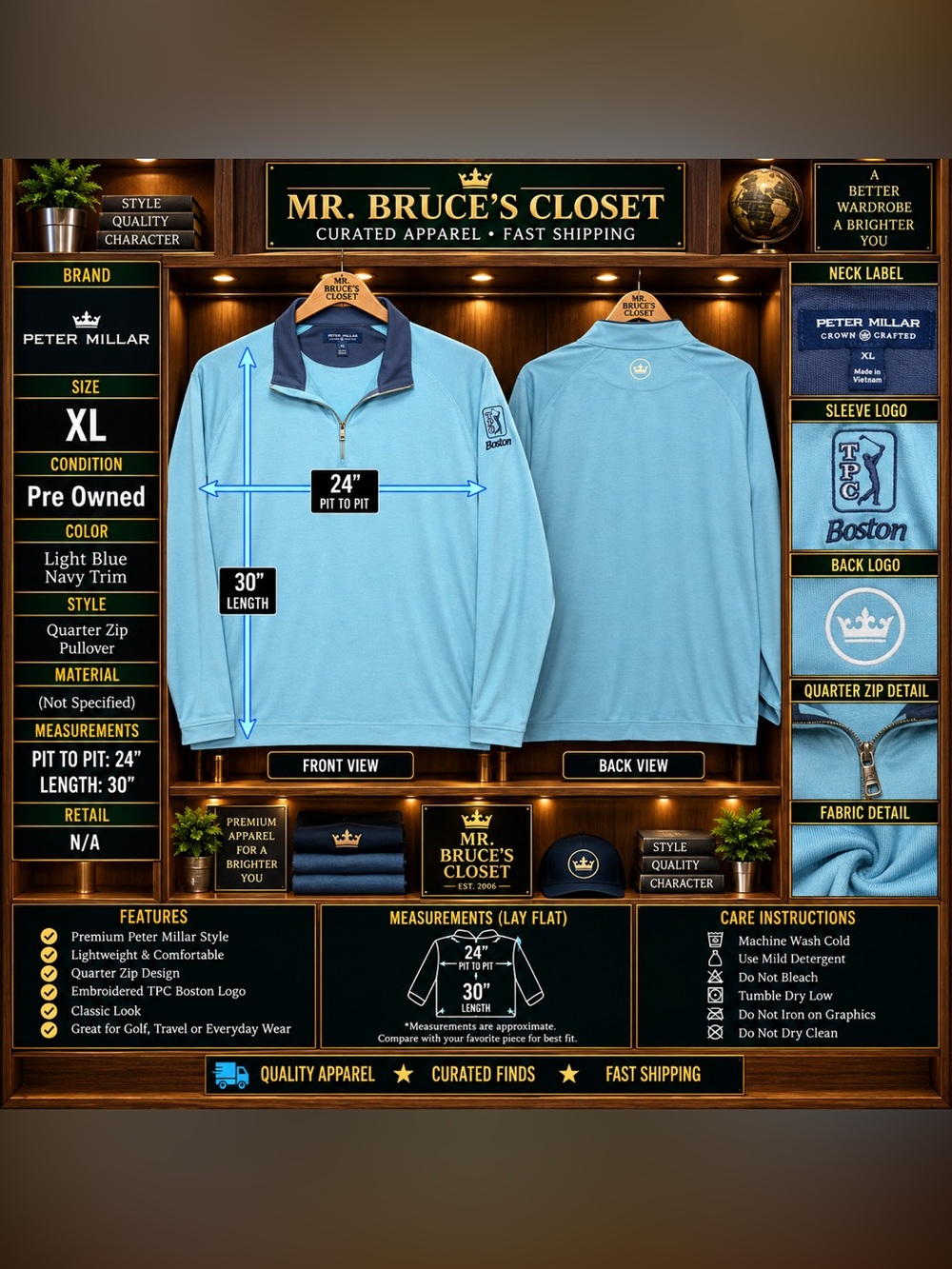 Peter Millar Light Blue Quarter-Zip Pullover with Navy Trim
